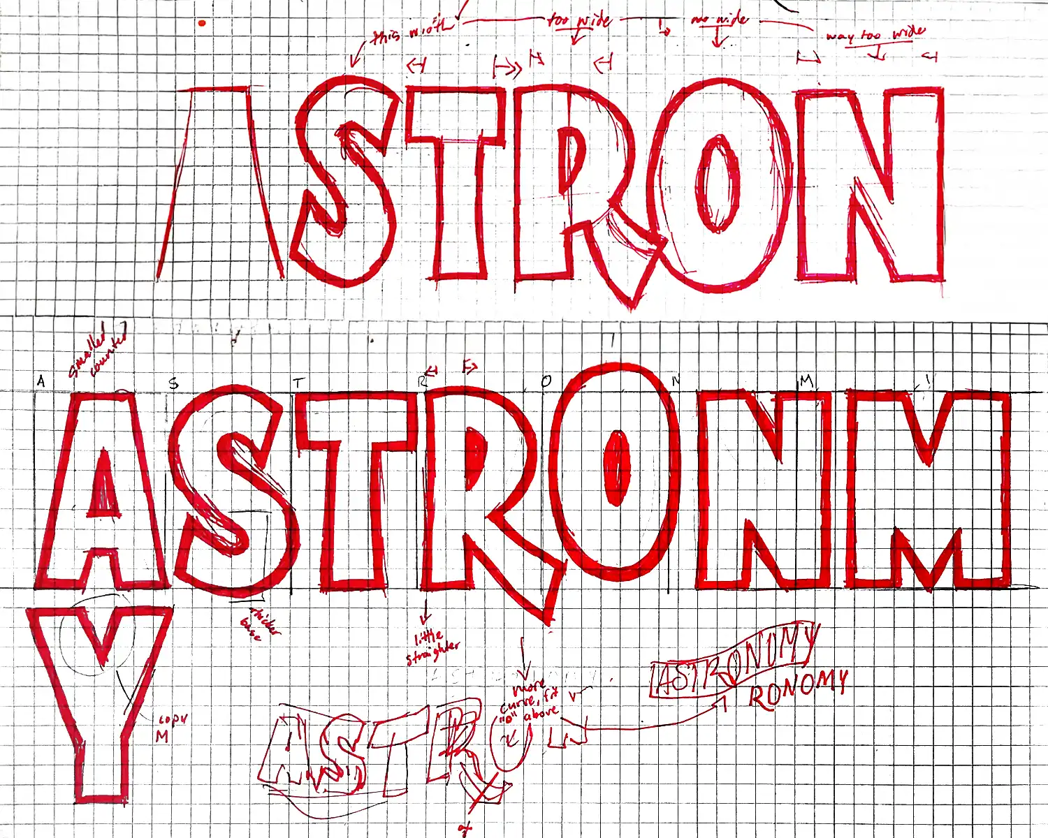 Sketch of astronomy town lettering on grid paper